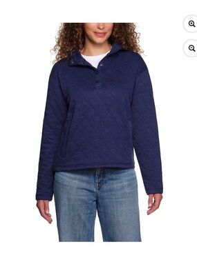 Lands' End Navy Quilted Snap-Placket Pullover Hoodie